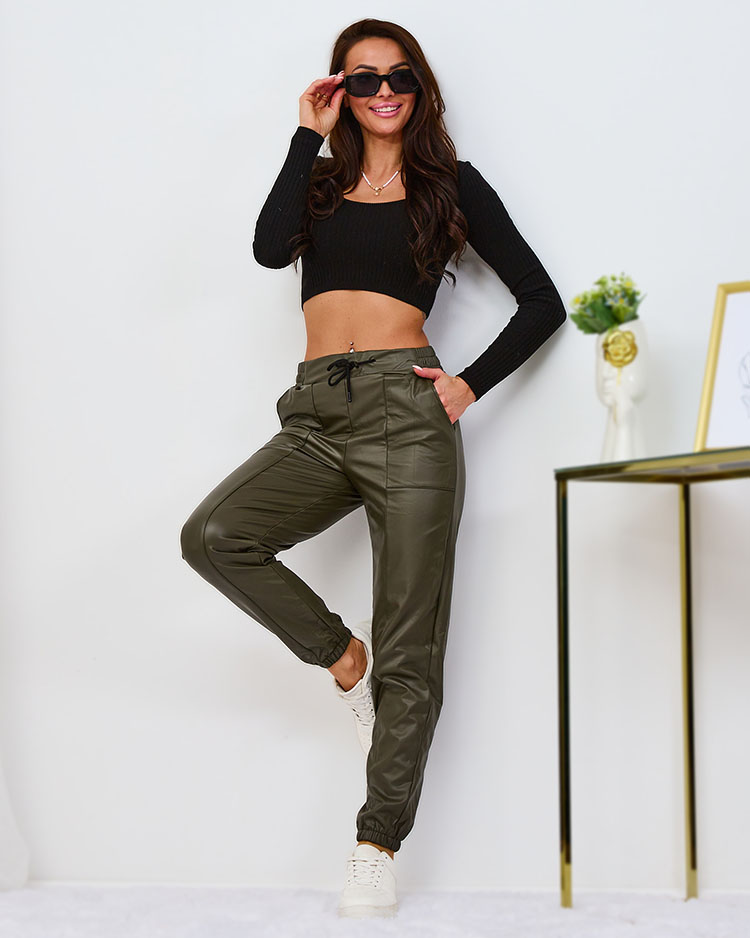Royalfashion Pantaloni de damă din piele ecologică cu căptușeală din fleece, în verde