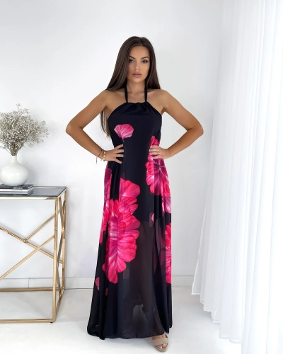 Rochie midi de damă neagră cu flori fucsia- Îmbrăcăminte