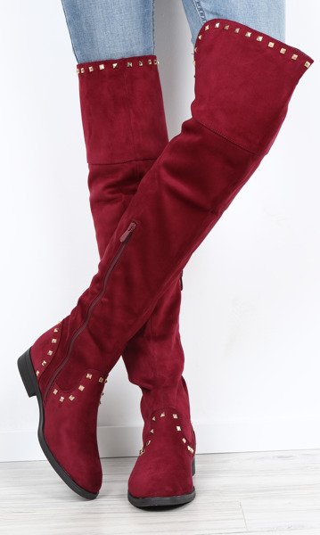 Bordowe, długie kozaki Lucette- Obuwie