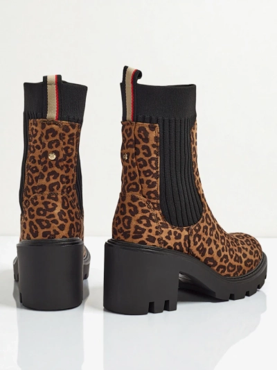 Botine de damă cu toc gros și model, din piele ecologică de căprioară Anthere