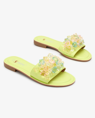 Royalfashion Șlapi de damă verde neon cu cristale colorate Bling Breeze