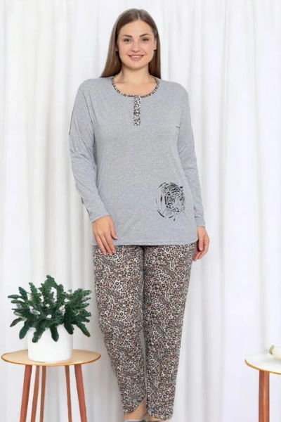 Royalfashion Pijamale gri pentru femei, din 2 piese, cu imprimeu leopard Mărime plus