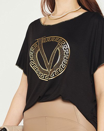 Bluză de damă neagră cu imprimeu și zirconiu cubic - Îmbrăcăminte