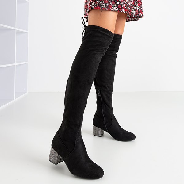 Cizme de damă negre cu toc Loreto de zirconiu cubic - Încălțăminte