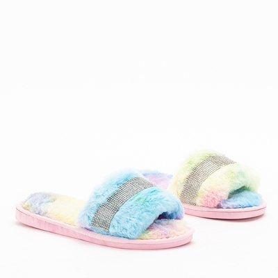 Papuci de dama multicolori din blana cu zirconiu cubic Tiko - Incaltaminte