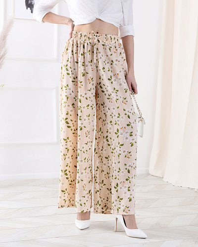 Pantaloni din țesătură florală bej pentru femei - Îmbrăcăminte