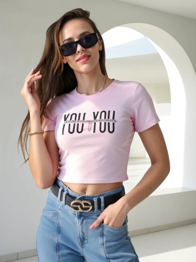 Royalfashion Top scurt din bumbac pentru femei cu inscripția