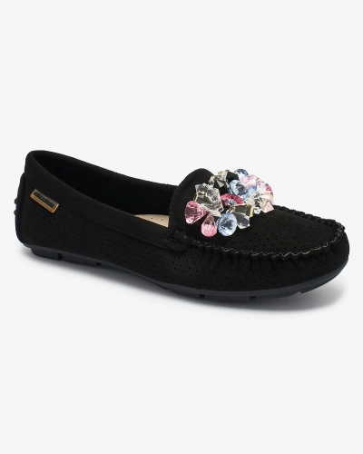 Royalfashion Mocasini negri de damă, traforați, cu cristale decorative Cizzas