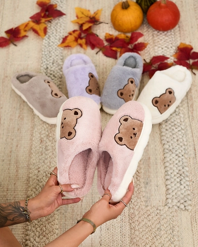 Royalfashion Papuci de blană de damă cu ursuleț de pluș în roz Fetemes
