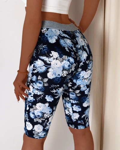 Pantaloni scurți 3/4 de damă albaștri cu model floral - Îmbrăcăminte