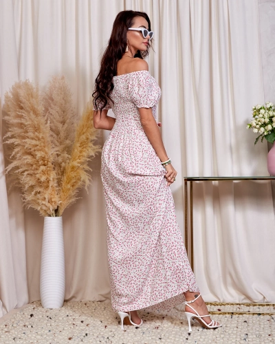 Rochie maxi pentru femei cu flori albe și roz a'la hiszpanka- Îmbrăcăminte