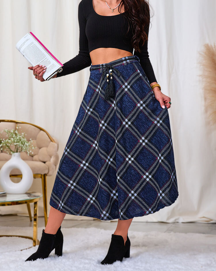 Royalfashion Fustă lungă pentru femei, gri și roșie, în carouri