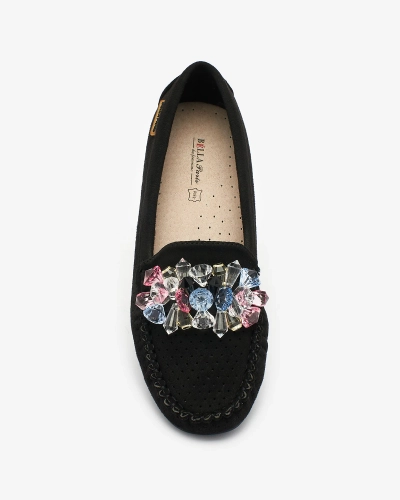 Royalfashion Mocasini negri de damă, traforați, cu cristale decorative Cizzas