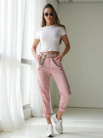 Royalfashion Pantaloni drepți din viscoză pentru femei cu curea