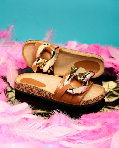 Papuci de damă maro cu decor la Fixci- Footwear