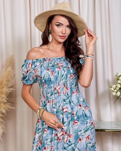 Rochie midi cu flori de culoare albastră pentru femei - Îmbrăcăminte