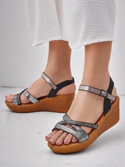 Sandale cu toc wedge pentru femei Royalfashion cu pietre strălucitoare și sclipici Eclat