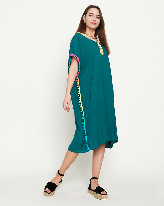 Tunica de plaja dama de vara verde inchis cu pompoane - Imbracaminte