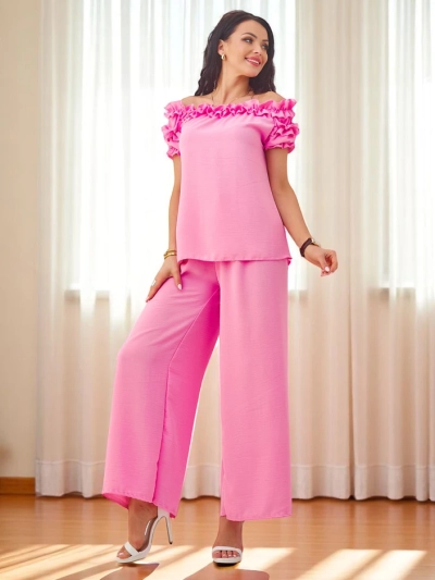 Royalfashion Set de femei cu bluză cu mâneci scurte, off-the-shoulder și decolteu decorativ, și pantaloni evazați