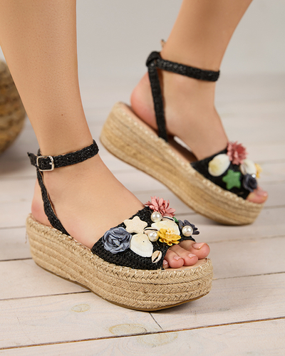 Sandale de damă negre a'la espadrile cu partea superioară decorativă Soramis - Încălțăminte
