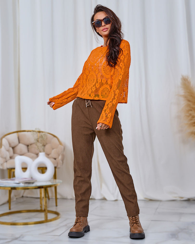Royalfashion Pantaloni din țesătură de catifea maro pentru femei