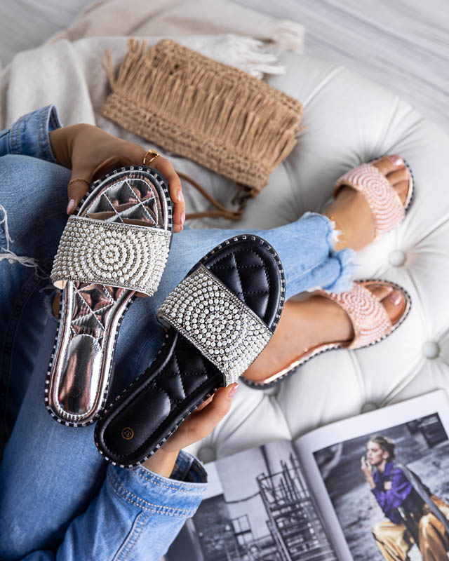 Papuci de dama argintii cu decoratiuni Ahaio - Incaltaminte