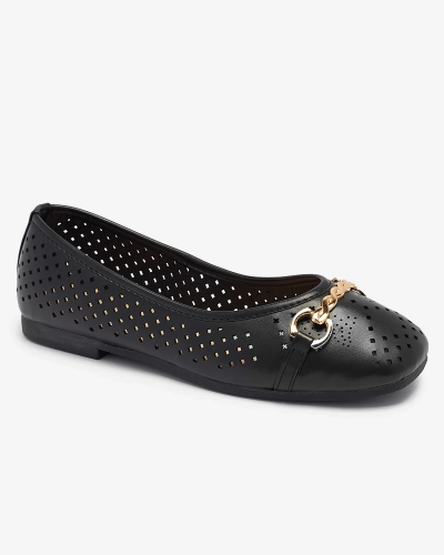 Balerini negri de damă traforați cu ornament auriu Serilla- Footwear