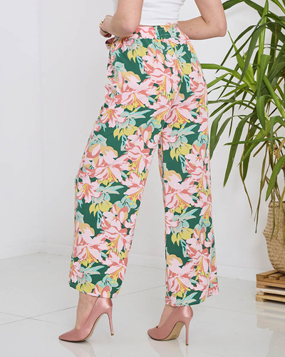 Pantaloni palazzo verzi pentru femei cu flori roz - Îmbrăcăminte