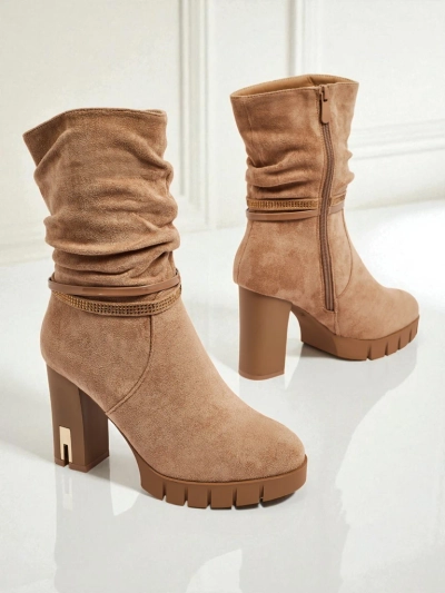 Botine de damă eco piele întoarsă cu toc gros BrambleDusk