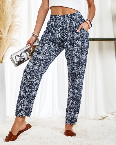 Royalfashion Pantaloni din stofă de damă albastru marin cu flori albe