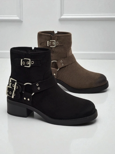 Botine de damă din piele ecologică întoarsă cu catarame Valtos