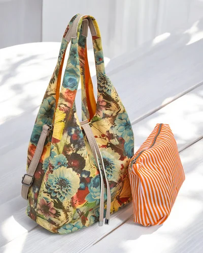 Royalfashion Geantă mare din material cu flori, cu o geantă cosmetică și închidere magnetică