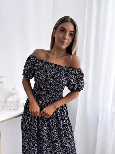 Rochie midi neagră cu flori pentru femei - Îmbrăcăminte