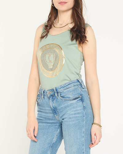 Bluză verde închis pe umăr cu imprimeu și zirconiu cubic - Îmbrăcăminte