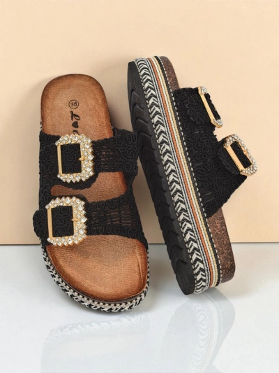 Royalfashion Sandale de damă cu catarame cu pietre strălucitoare GlamCork