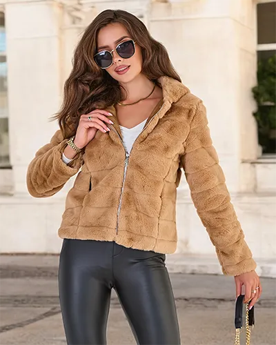 Royalfashion Jachetă pentru femei din imitație de blană maro deschis