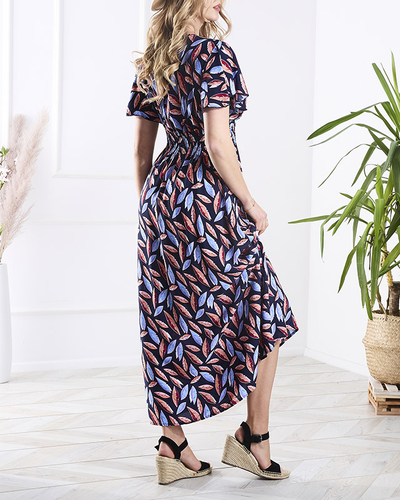 Rochie lungă cu pene de culoare albastru marin pentru femei - Îmbrăcăminte