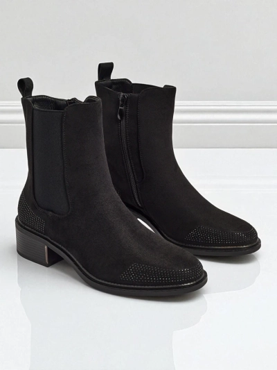 Botine de damă din piele ecologică întoarsă, decorate cu zirconii TangleMist