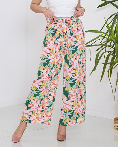 Pantaloni palazzo verzi pentru femei cu flori roz - Îmbrăcăminte