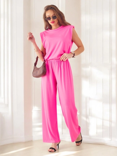 Set din viscoză ribbed pentru femei Royalfashion, fără mâneci, cu pantaloni evazați