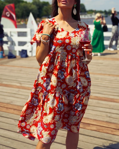 Royalfashion Rochie roșie pentru femei cu model floral colorat