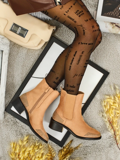 Botine de damă din piele ecologică întoarsă, decorate cu zirconii TangleMist