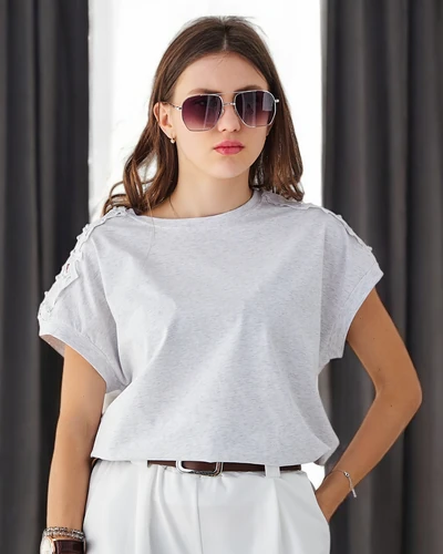 Royalfashion Tricou din bumbac pentru femei cu mâneci din dantelă