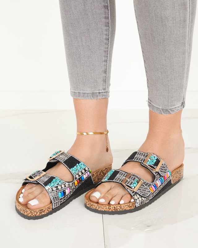 Papuci de dama negri cu pietre colorate Dusana - Incaltaminte