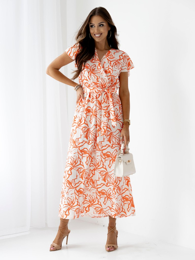 Royalfashion Rochie midi pentru femei cu model, mâneci scurte, decolteu petrecut și curea