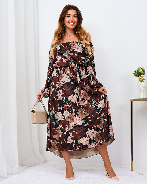 Royalfashion Rochie maxi florală neagră și maro pentru femei