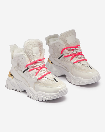 Pantofi sport de damă albi cu blană și șireturi roz neon Sagglo- Footwear
