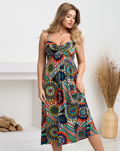 Rochie midi portocalie cu model geometric colorat - Imbracaminte