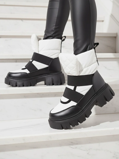 Cizme de zăpadă de damă cu talpă plată, în alb și negru Ferory- Footwear