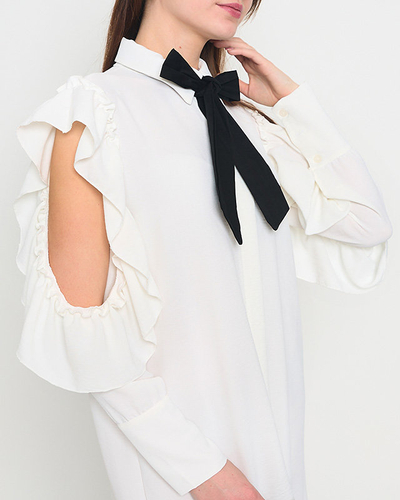 Rochie albă stil cămașă cu volane și fundă - Îmbrăcăminte